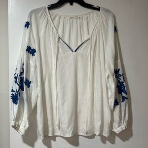 Madewell Cream Blouse with Blue Embroidery